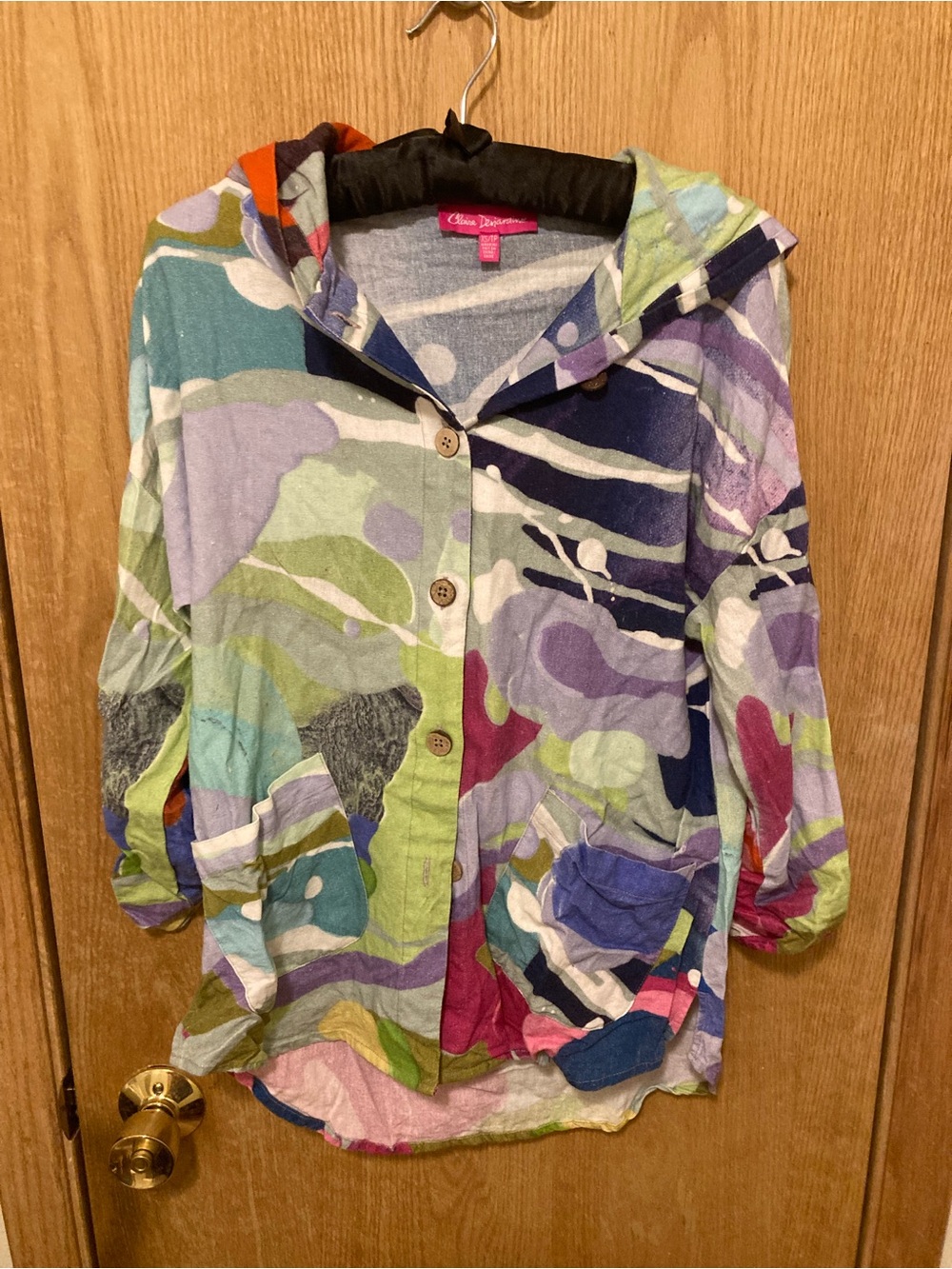 Claire Desjardins Linen Bold Abstract Art Style Button Up Hooded Top-Size XS